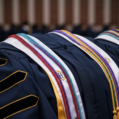 Close-up of colorful honor cords draped over academic regalia, symbolizing achievement