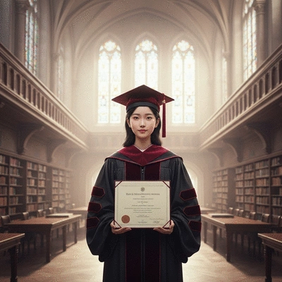 Doctoral graduate wearing academic regalia and hood, smiling proudly
