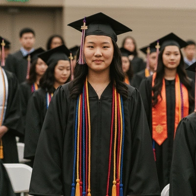 Graduate proudly wearing multiple honor cords during a ceremony