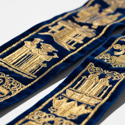 Close-up of a graduation stole with embroidered details, clean background